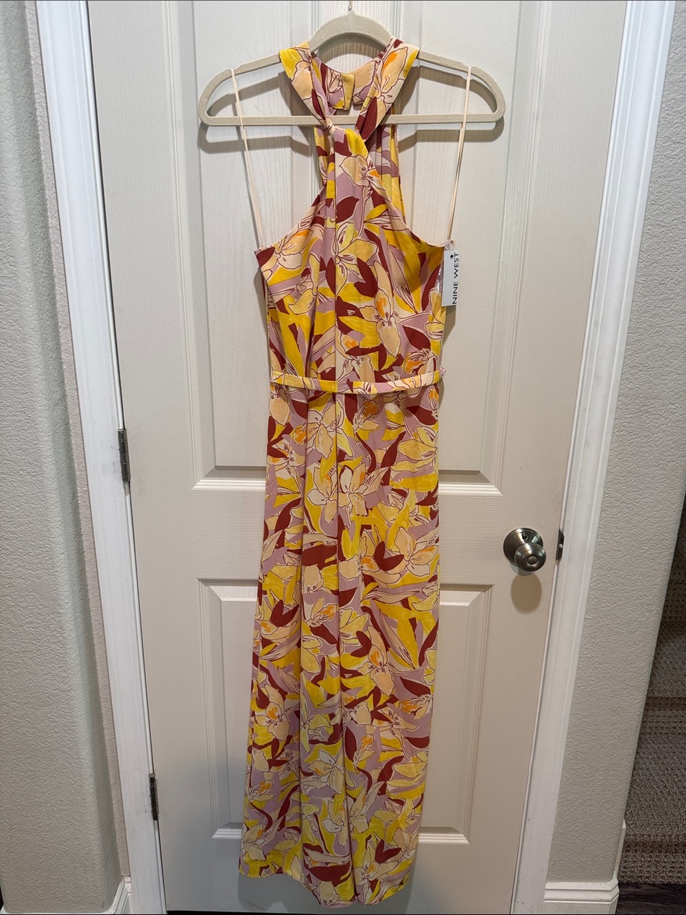 Nine West Yellow and Burgundy Floral Halter Jumpsuit
